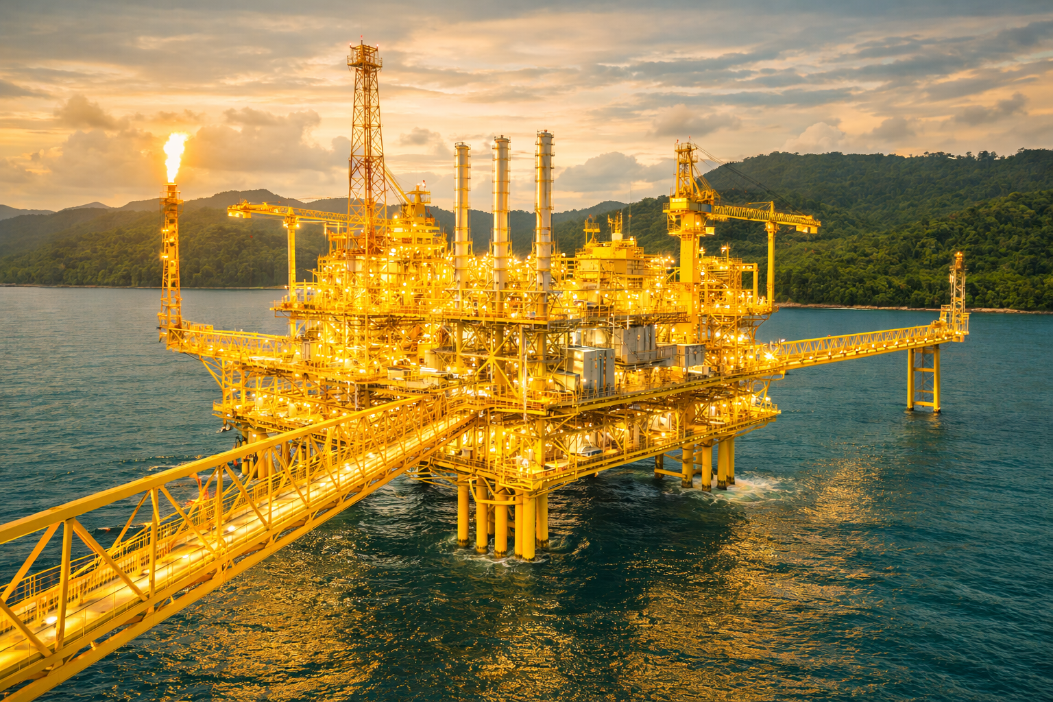 Home photo yellow oil platform at sunset